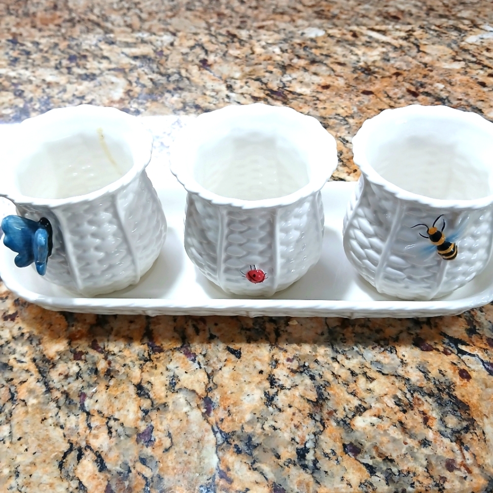 White Ceramic Cups with Insect Accents